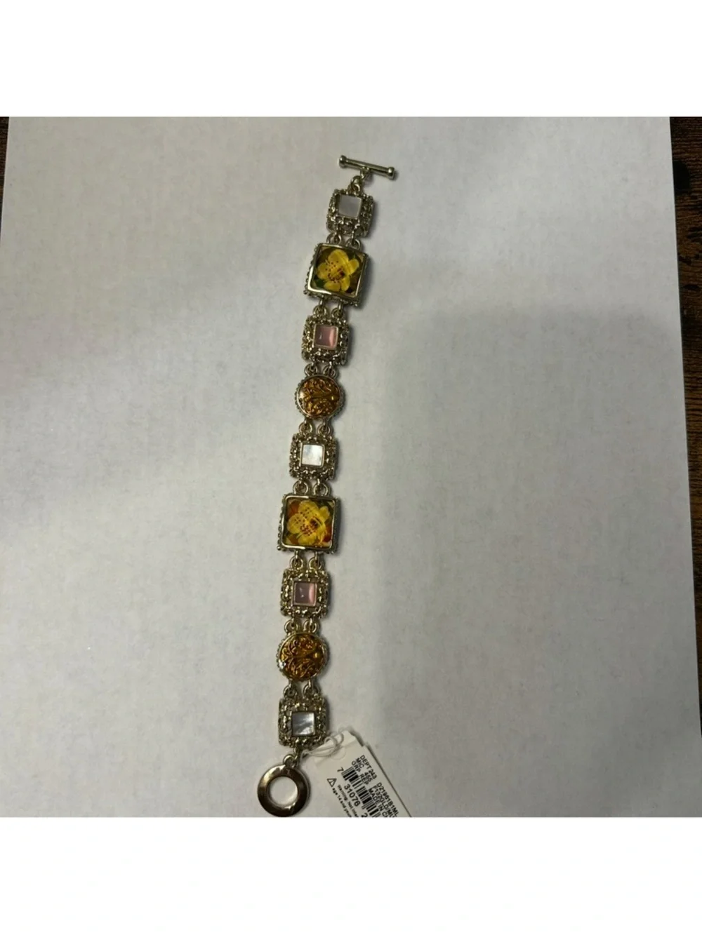 Liz Claiborne NWT Gold Charm Bracelet Square Stone Toggle Vintage Style